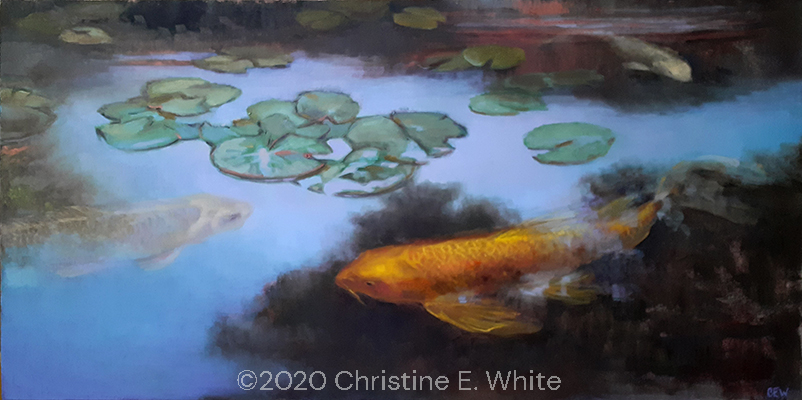 Christine White - Art, Koi and Lilies, 15x30, oil painting