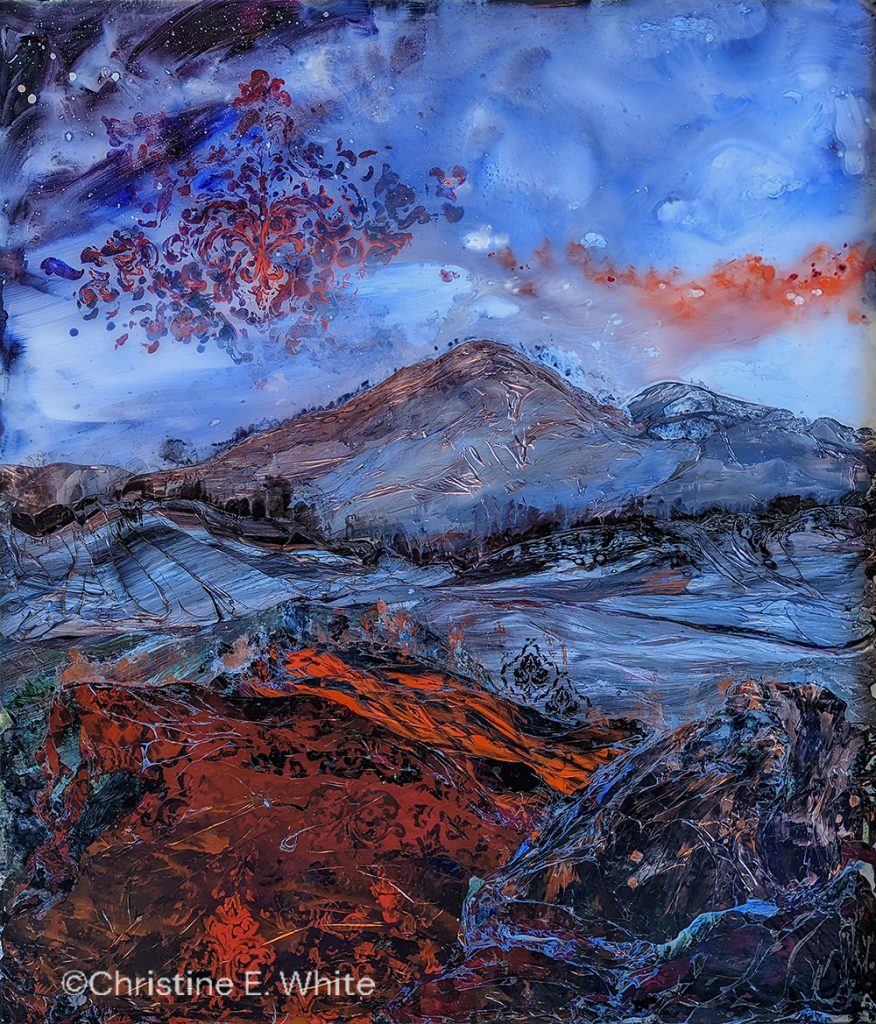 Christine White - Paint Harmonic, Fire Mountain, 36x31, reverse paint on glass