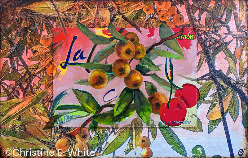 Original Painting by Christine White Art, Paint Harmonic, titled, "LaQuats, Innocent!", oil on paperboard, photography & acrylic, 10.5x16.5 inches