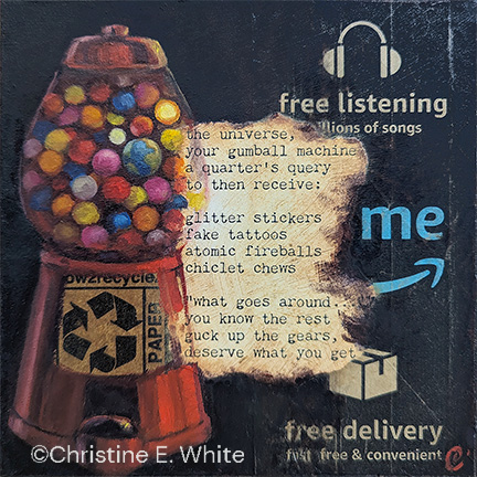 Christine White Art - Free Delivery, 6x6, oil on wood & upcycled paper