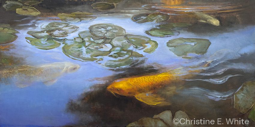 Christine White Art - Repose - a Pond in Claremont, 15x30, oil on canvas