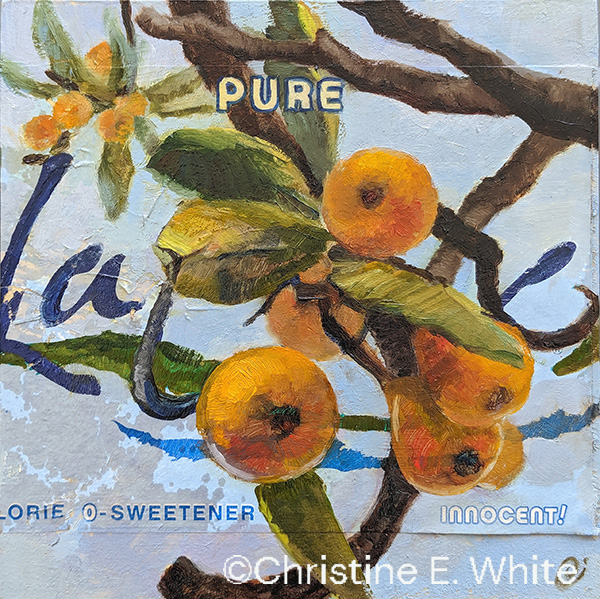 Christine White Art, LaCroix Loquats, 6x6, oil on paper and wood