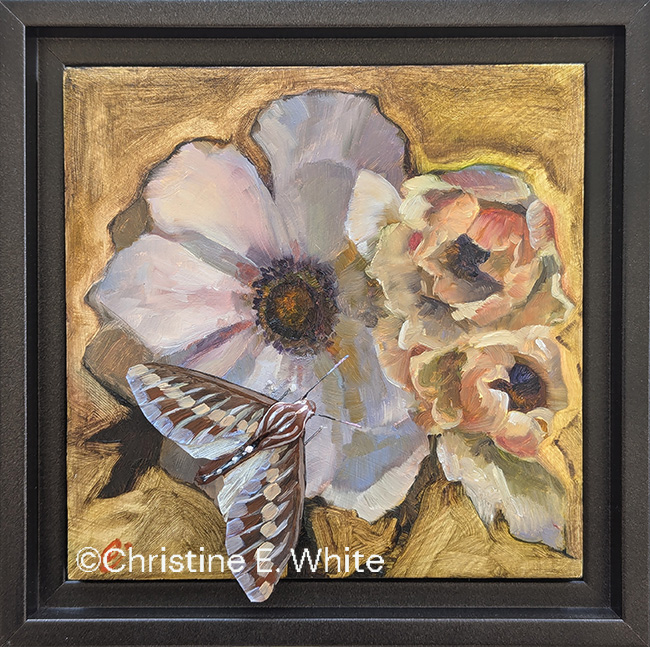 Christine White Art, Sphinx & Windflower, 6x6, oil & handcrafted moth on wood