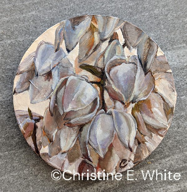 Christine White Art - original oil painting titled "Desert Bells", on a 4.75 inch round, oil on paper mache