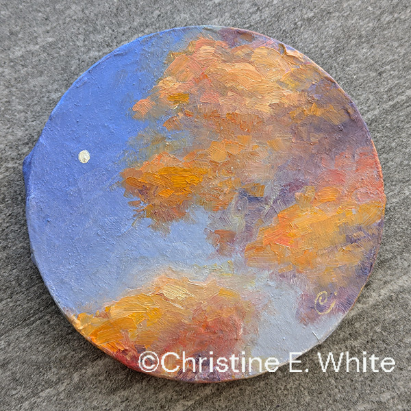 Christine White Art - original oil painting titled "Ephemeral", on a 4.75 inch round, oil on paper mache