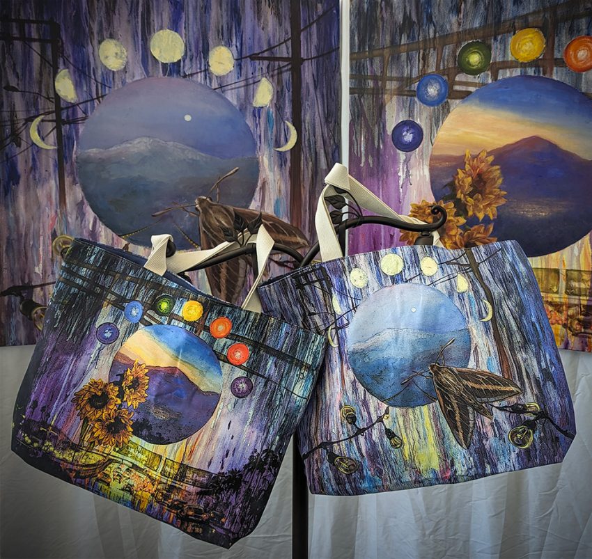 Christine White Art - prints of original oil paintings titled "IE Light" and "IE Night" that are on the two sides of a large, high quality tote bag