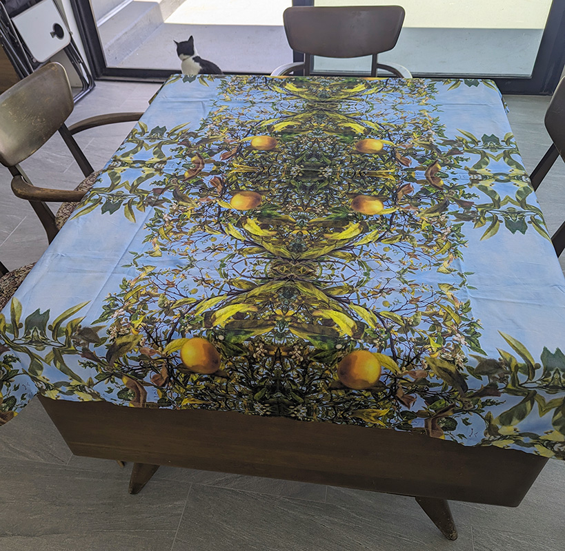 Christine White Art, photo of kaleidoscope print on a large table, of the original oil painting "Citrus Paradisi"