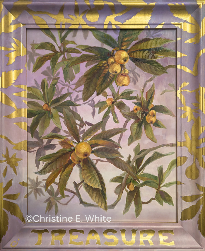 Christine White Art - original oil painting, titled "Treasure", featuring loquats painted realistically and integrating gold paint, and a frame with the words "Treasure" at the bottom. 22x18 inches, an oil painting