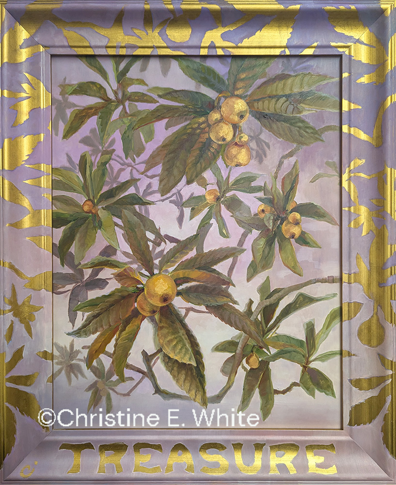 Christine White Art - original oil painting, titled "Trees Are", featuring loquats painted realistically and integrating gold paint, and a frame with the words "Treasure" at the bottom. 22x18 inches, an oil painting